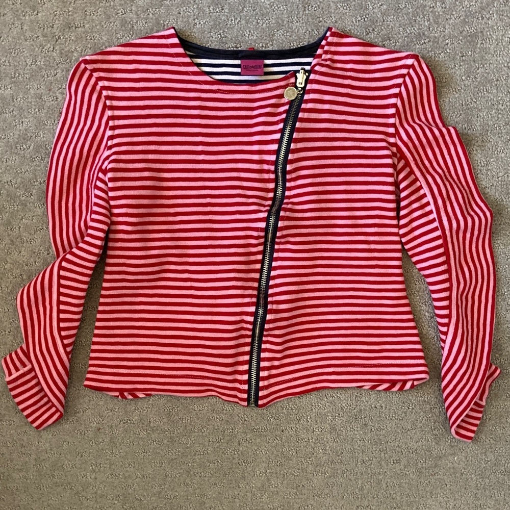 Save The Queen pink stripe knit zip jacket, Sz Medium.